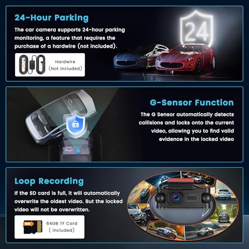 Inefala 2K WiFi Dashcam Coche Delantero Trasero Interior, Tarjeta SD 64G, 2160P+1080P*3 FHD 3 Canales Dash CAM, cámara para Coche Triple 360° Todos los Lados, Sensor G, visión Nocturna - imagen 5