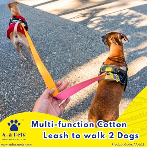 Image of A+a Pets' Multi-Function Cotton Leash to Walk 2 Dogs | Long, Short, Hands Free, Traffic, Running, Walking | Adjustable, Soft Comfortable (Pink & Mango)