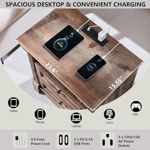 Image of 26 inch Tall Nightstand with Charging Station, Farmhouse 23.6 inch Wide Large End Table w /Roman Column, Wood Rustic Side Table w /Open Shelf, 2 Drawers Dresser for Bedroom, Living Room, Light Brown