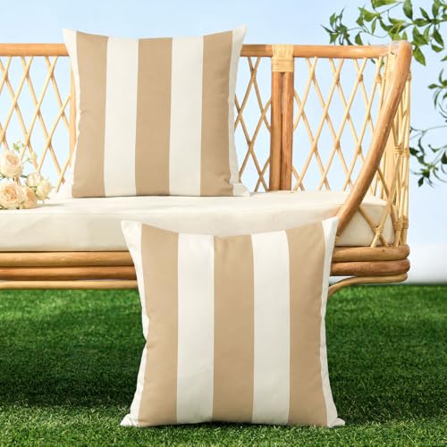 Image of Allorry Outdoor Pillow Covers 20x20 Set of 2 Light Brown Striped Decoration Throw Pillow Covers for Spring Summer Outdoor Waterproof Garden Patio Furniture Sofa Bed Home Decor JB007-L20