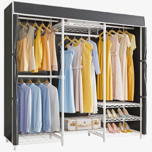 VIPEK V5C Covered Clothes Rack Heavy Duty Portable Closet Wardrobe, Freestanding White Metal Clothing Rack with Black Dustproof Cover, Adjustable Custom Closet Rack, 57.9"L x 17.3"W x 76.4"H (Medium)