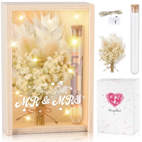 Aragallant Hochzeitsgeschenk Geld, Hochzeitsgeschenke für Brautpaare, Geldgeschenk Hochzeit, Mr und Mrs Geschenkbox inklusive Holzbox, Trockenblumen, Reagenzglas, Lichterketten, Hochzeitstag