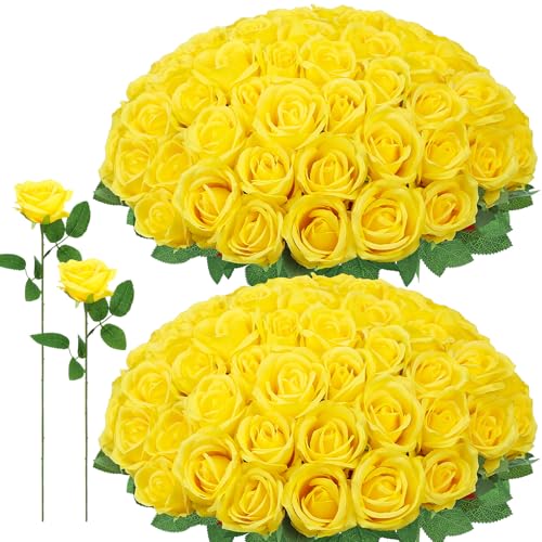 Ovveroche 72 Pcs Artificial Roses Yellow Fake Silk Roses Realistic Roses