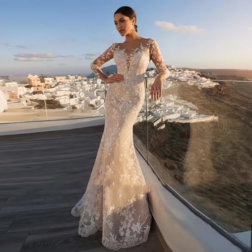 Lace Wedding Dress Mermaid Appliques Long Sleeve V Neck Elegant Bridal Gowns for Women3