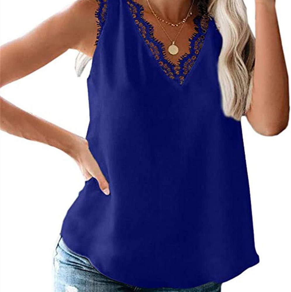 LITVZSummer Cross-Border Solid Color Lace V-Neck Sleeveless Blouse T Plus Size Chiffon Vest Women's Clothing Outerwear,Colorful blue,M