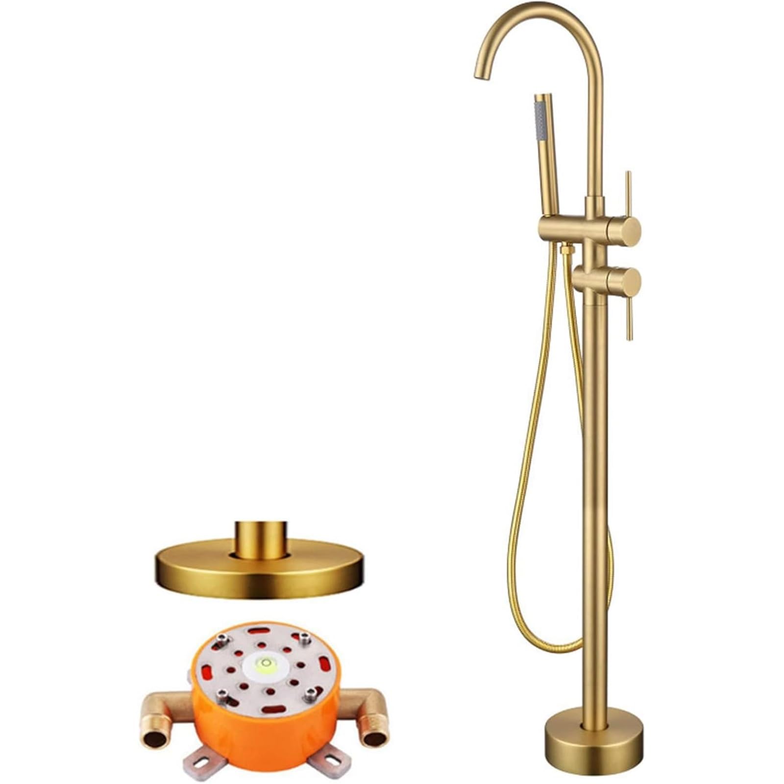 Rubinetto per vasca da bagno con beccuccio girevole a 360°, 2 modalità di acqua e doccetta, miscelatore da pavimento in ottone spazzolato per bagni moderni