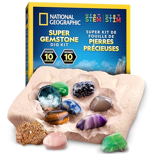 NATIONAL GEOGRAPHIC Kit d'Excavation de Gemmes avec 10 Véritables Pierres Précieuses pour Enfants, Découvrez les Pierres Précieuses avec des Outils d'Excavation et une Loupe, Kits de Science