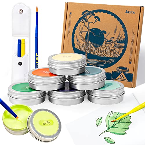 Arrtx Gouache Farben Set, 9 Pastellfarben x 35 ml Gouache-Aquarellfarbe mit 2 Reise-Aquarellpinseln mit runder Spitze, perfekt für Studenten, Kinder, Anfänger, Künstler, Nagelmalerei Cover