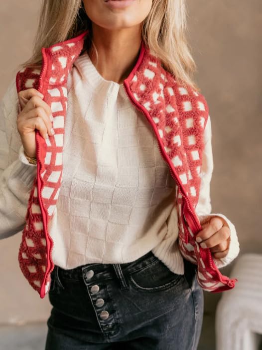 Women's Checkered Polar Fleece Vest, Sleeveless Zip Up Fleece Top Crochet Plaid Sherpa Collared Vest4