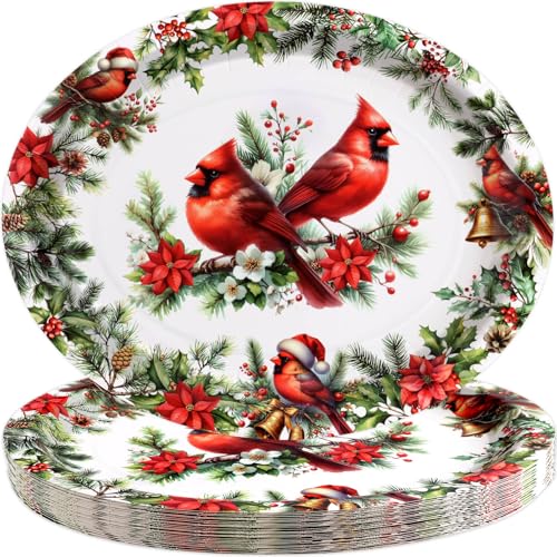Treasure Cove Christmas Paper Plates Disposable Cardinal Oval Paper Plates Cardinal Bird Tableware Decorative for Xmas Holiday Dinner Party Supplies 24Pcs 10'' x 12'' – Image 3