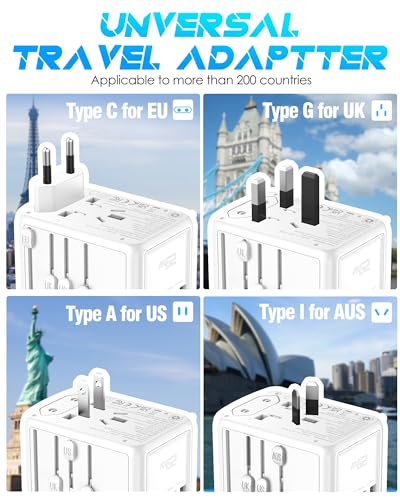 Image of Universal Travel Adapter, 30W 5 USB C /A Ports, 2500W AC Outlet, International Power Adapter for All USB Devices, Multi Plugs 110V 220V A /C, European Travel Plug Adapter for 200+ Countries (White)
