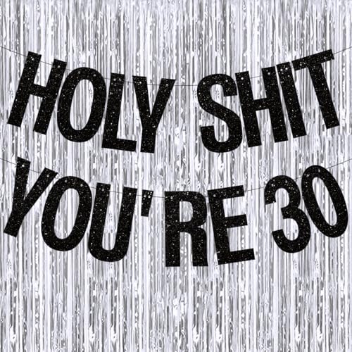 30th Birthday Decorations Banner for Women Men Pre-Strung Black Glitter Birthday Decoration Sign Funny Bday Supplies Banner