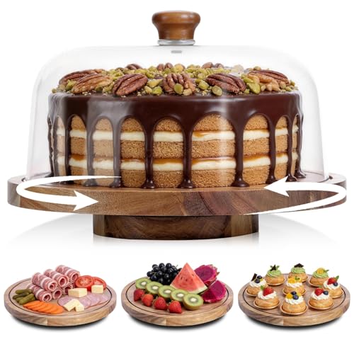 JOCHER Acacia Wood Cake Stand with Lid, 12in Wooden Cake