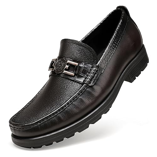 Image of Mens Leather Penny Loafers, Classic Crocodile Printed Business Dress Shoes with Metal Buckle Slip on Penny Shoes for Mens