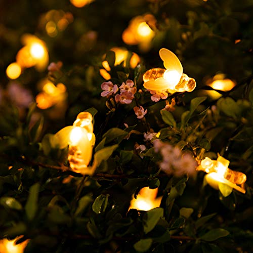 Brightown Solar Bee String Lights Outdoor 31FT 50 LED Honeybee Fairy Lights with 8 Lighting Modes, Waterproof Solar Bumble Bee for Patio Yard Garden Grass Wedding Christmas Party Decor, Warm White