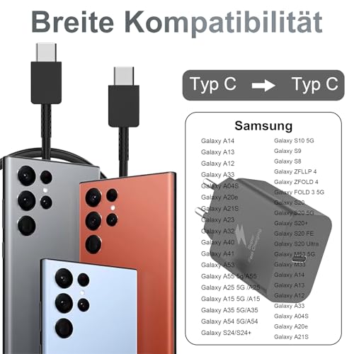 BOLUX-JS 25W USB C Ladegerät Schnellladegerät für Samsung Galaxy A17 A16 A15 S25 S24 S23 S22 S21 A26/5G A56/5G A55/5G A25/5G A35 A34 A05S A54/5G S20 A52 A51 A13 A12, Ladegerät USB C 2M Kabel (Schwarz)