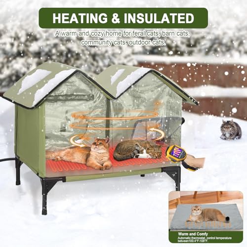 Heated Cat House, Large Heated Outdoor Cat House Weatherproof for Winter, Elevated Waterproof Insulated Cat Houses for Outdoor Cats, Comfortable and Warm Feral Cat Shelter (Green) by IPEAIN - Image 2