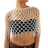 [Oxxggkao] 人造真珠ショールジャケット女性用メッシュトップカバーアップノースリーブパールボディチェーンイブニングドレス手作り人造真珠女性用複数チェーンネットガールファッションジュエリーパーティーギフト