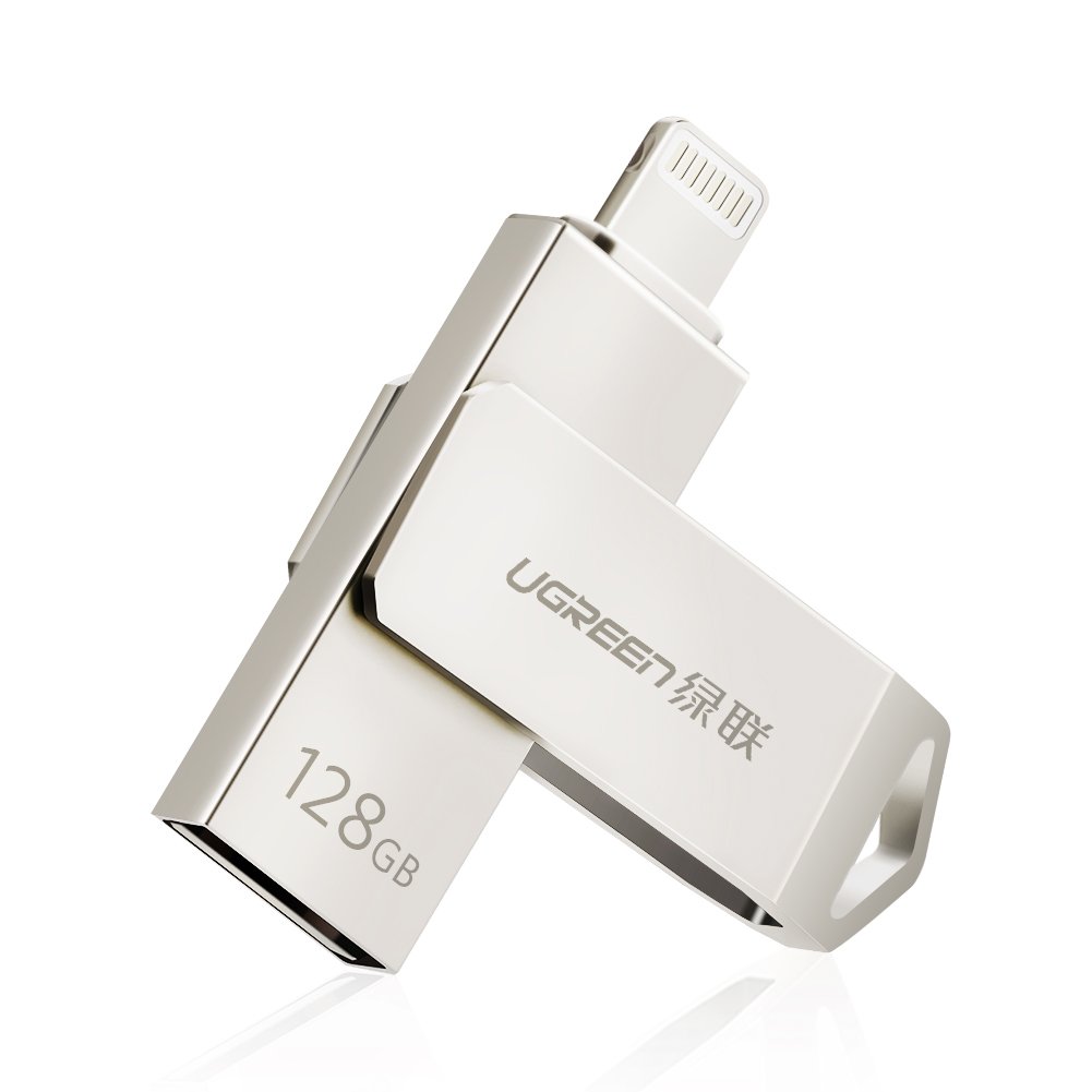 An iPhone with the UGREEN Flash Drive connected, showing a camera app interface with a lobster in the background.