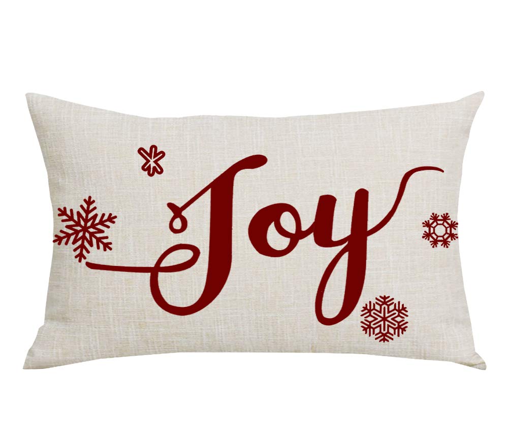 WENIANRU Red Word Art Joy Snowflakes Winter Home Sofa Chair Bed Decoration Lumbar Pillowcase Cotton Linen Decorative Throw Pillow Cover Case