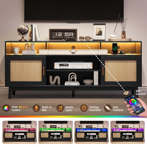 UPOSOJA TV Stand for 75 Inch TV Rattan TV Cabinet with Adjustable Shelf Storage, Modern LED Entertainment Center, Boho Media TV Console, Media TV Stands for Living Room Bedroom (Black) - Thumbnail 2