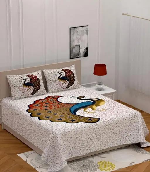 100% Pure Cotton Double Bed Sheet with 2 Pillow Covers - Classic Home Linen & Floral Aesthetic - Gorgeous Peacock Print for Elegant Bedroom Décor (Double Size)-image-17