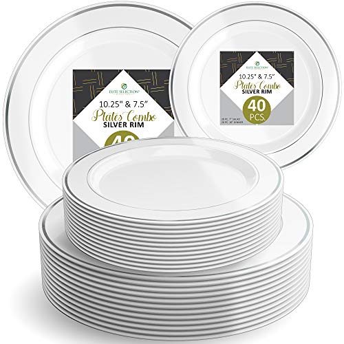 Black Friday Sale 2022 Disposable Plastic Plate Set - 40 Pack Dinnerware with 10.25” Dinner and 7.5” Salad Plate (20 Count Each) with Elegant Silver Double Trim for Wedding, Birthday, Party - by Elite Selection