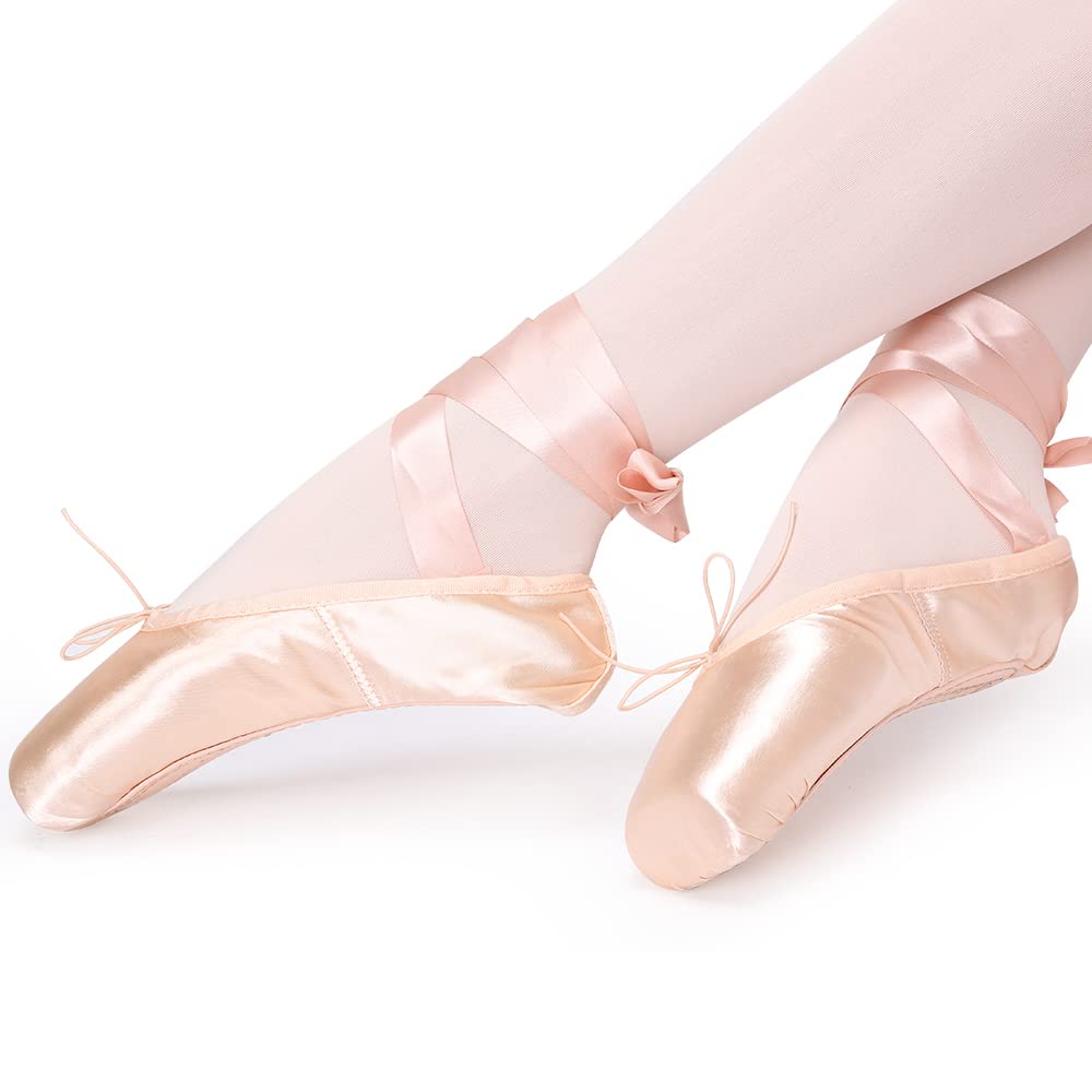 Klasyczne buty baletowe z noskami różowe pointe ze wstążką i czubkami dla kobiet i dziewcząt, Różowy, 39 EU