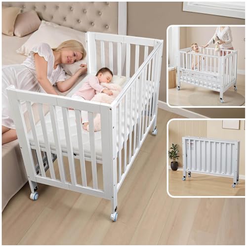Flwrgirl Folding Wood Bedside Bassinet - Portable 4-in-1 Baby Bassinet with Breathable Mattress,3 Heights Baby Crib with Wheels,Mini Crib for Infant Newborn and Small Space,White
