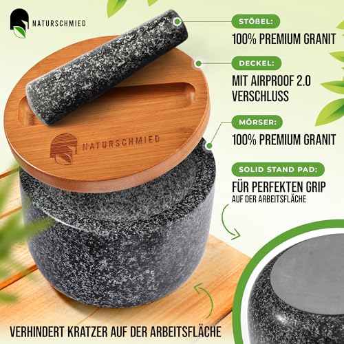 Foto von NATURSCHMIED Mörser mit Stößel - Mörser mit Stößel & Deckel | 750 ml - Anthrazit Premium Granit Mörser - Gewürze und Kräuter mörsern - ohne Abrieb