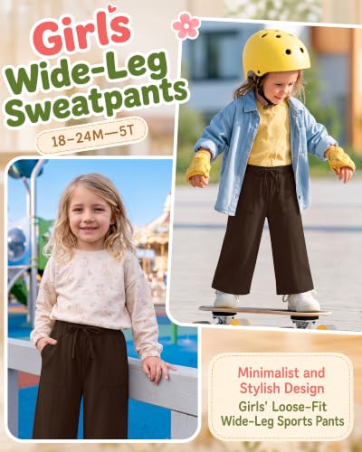 Image of Toddler Girls Wide Leg Pants | Baby Girls Sweatpants, Baggy Drawstring Pants with Pockets, Open Bottom Joggers, Back to School Trousers, for Kids 18M-5T