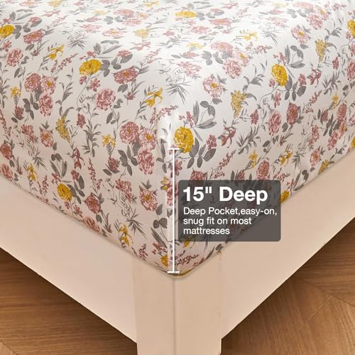 Image of Viviland Floral Queen Sheet Set - 4 Piece Vintage Pink & Yellow Flower Patterned Bed Sheets - Soft, Breathable Microfiber Sheets with Deep Pocket, Non-Slip Fitted Sheets & Pillowcases