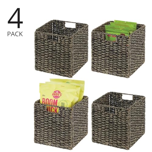 mDesign Seagrass Woven Cube Basket Organizer with Handles - Storage for Kitchen Cabinet or Pantry Shelf - Perfect for Cubby Storage Units - Holds Snacks or Small Appliances - 4 Pack - Black Wash