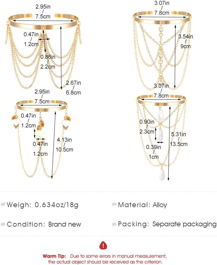 CJIAYUJEW Minimalist Gold Arm Cuff for Women - Layered Tassels Heart Rhinestone Pearl Bracelet Stackable Arm Bangle Jewelry - Image 5