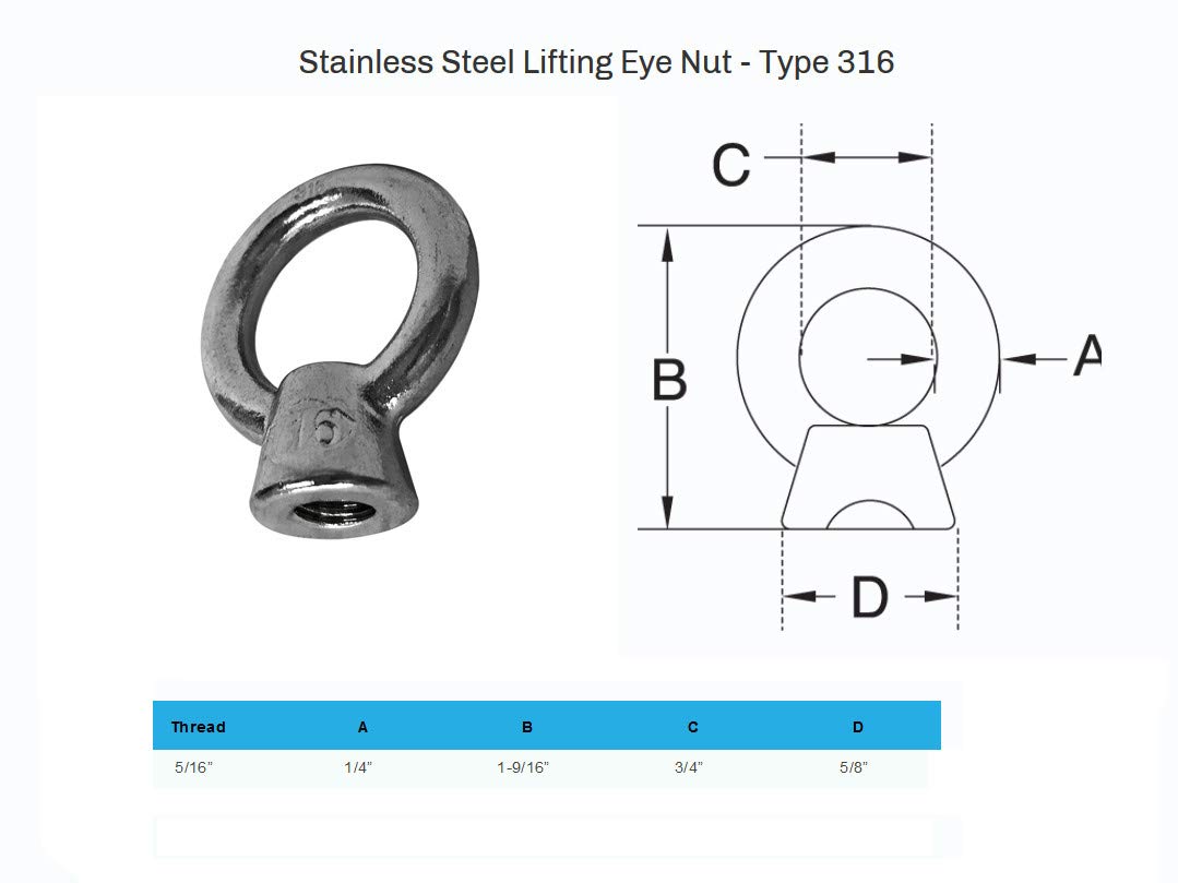 5 PC 5/16'' Boat Marine 316 Stainless Steel Lifting Eye Nut 800 Lbs Cap UNC Tap