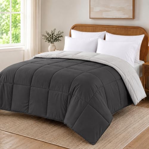 Image of Modern Threads Comforter Duvet Insert, Reversible Quilted Down Alternative Comforter with Corner Tabs, All Season Bedding, Queen, Dark Gray /Gray