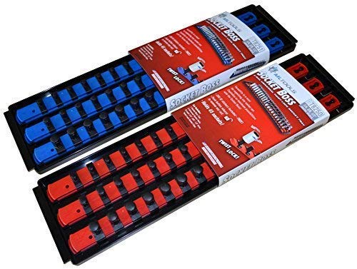 Mltools Socket Organizer - 90 Pieces Universal Twist-Lock Clips To Fit 1/4", 3/8", 1/2" Socket Driver - Includes 2 Trays, 6 Rails (15 Clips Each), Labels -Tool Box Accessories Made In Usa - Red & Blue #TOP3