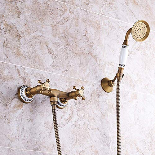 Ducha Antigua Europea Juego de Ducha de Baño de Bronce Cobre Caliente Y Frío Sistema de Ducha de Mano Sobrealimentado Cerámica Retro 2 Función con Grifo Hermoso Práctico