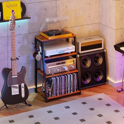 4-Tier AV Media Stand with 2 Hooks, Heavy Duty Stereo Cabinet Furniture - Stereo Rack and Game Console Stand, Wooden Record Player Stand, Audio Stand Perfect for DVD Players/Game Console/TV Box/Xbox - Image 5