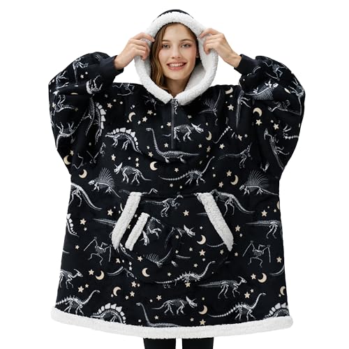 Image of Giggling Getup Wearable Blanket Hoodie for Adults Gifts for Teen Girls Sister Women Sherpa Fleece Printed Hooded Blanket Sweatshirt Warm Cozy with Pocket & Sleeves Black Glowing Dinosaur