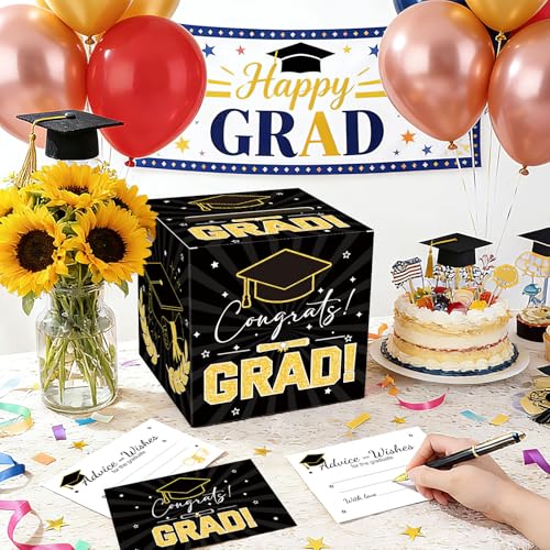 Image of Graduation Card Box Graduation Decorations 2026 Grad Card Box for Gift Graduation Party Favors Decor Party Supplies (Black, 50 Cards)