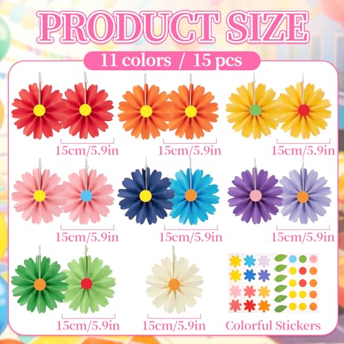 Image of PAPER JAZZ 15pcs Colorful Paper Flower Fiesta Paper Fan Party Decorations, Mini Mexican Hanging Ornaments,Rainbow Paper Daisy with Small Flower for Spring Summer Easter Party