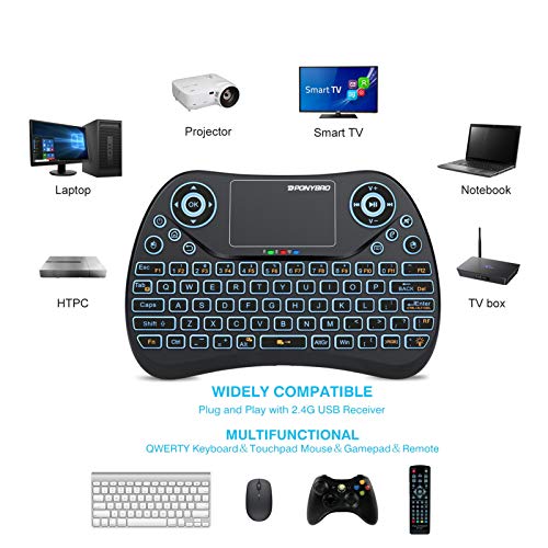 Ponybro (Newest Version) Backlit Mini Wireless Keyboard With Touchpad Mouse Combo Qwerty Keypad,Rechargeable Handheld Keyboard Remote For Smart Tv,Android Tv Box,Xbox,Raspberry Pi,Pc #TOP2