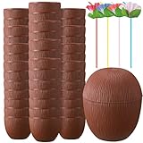 36 Pieces Coconut Cups with 36 Pieces Flower Straws Tropical Coconut Drink Cups Plastic Hawaii Party Cups with Straws for Hawaiian Luau Tiki and Beach Summer Theme Party Decoration for Kids and Adults