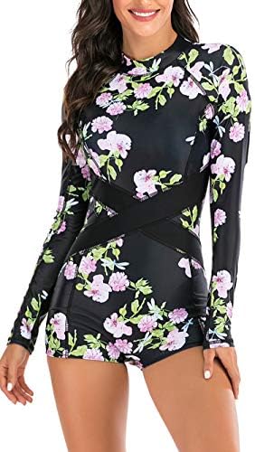 swimall Women Boy Short Long Sleeve Swimsuits One Piece Rash Guard Bathing Suit Swimwear UPF 50+(Black, Large(8-10))
