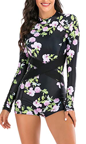 Swimall Women Boy Short Long Sleeve Swimsuits One Piece Rash Guard Bathing Suit Swimwear Upf 50+(Black, Large(8-10)) #TOP3