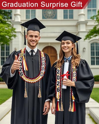 Image of Yigney Graduation Lei Set Class of 2026 Grad Ribbon Leis with Honor Cord Double Braided Graduate Leis for Men Women Red Gold White