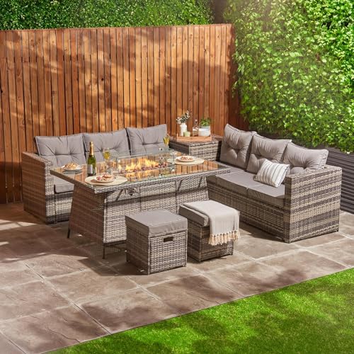 Rattan Garden Furniture With Fire Pit Table | 6 Piece 8 Seater Outdoor Furniture Set With Sofa Stool & Cushions | Rattan Corner Table Sofa & Chairs L Shape Grey