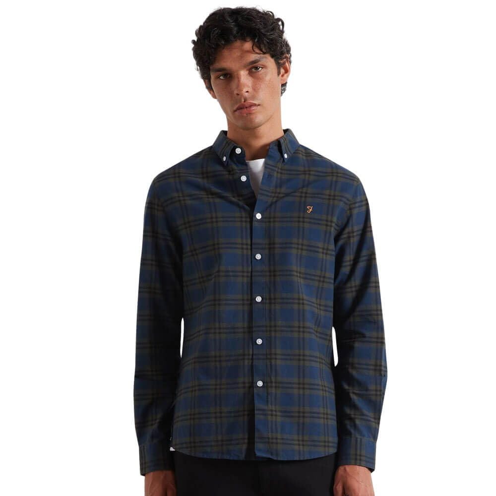 Farah Men's Brewer Check Organic Cotton Long Sleeve Shirt, M, Evergreen