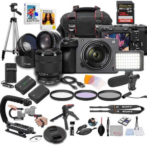 Sony FX30 Digital Cinema Camera with 28-70mm Lens, LED Light, Microphone, 128GB Extreme Speed, U-Grip, Filters, Tripod, Case, Software, & More – Pro Video Bundle (38pc), Black